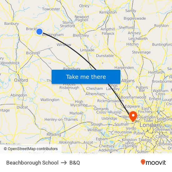 Beachborough School to B&Q map