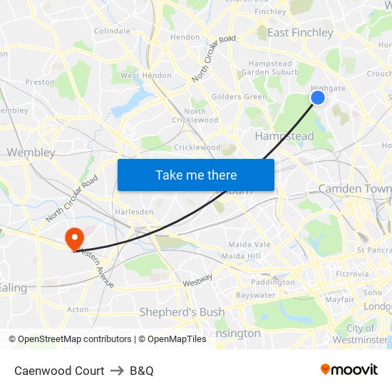 Caenwood Court to B&Q map