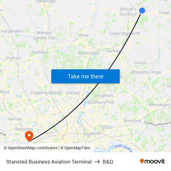 Stansted Business Aviation Terminal to B&Q map