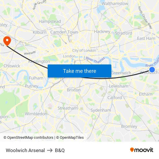 Woolwich Arsenal to B&Q map