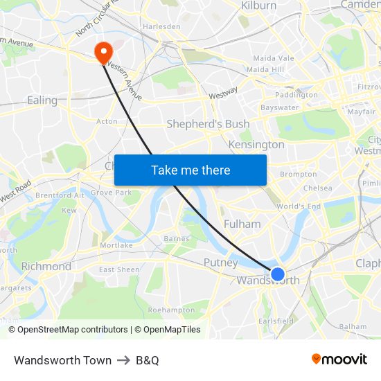 Wandsworth Town to B&Q map