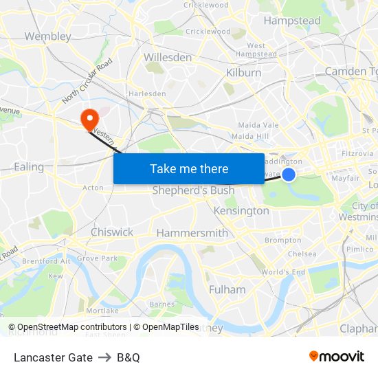 Lancaster Gate to B&Q map