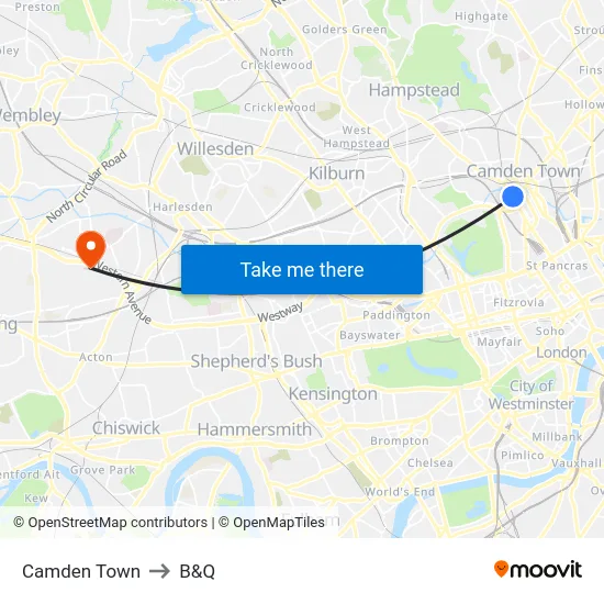 Camden Town to B&Q map