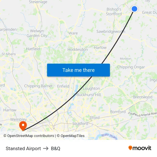Stansted Airport to B&Q map