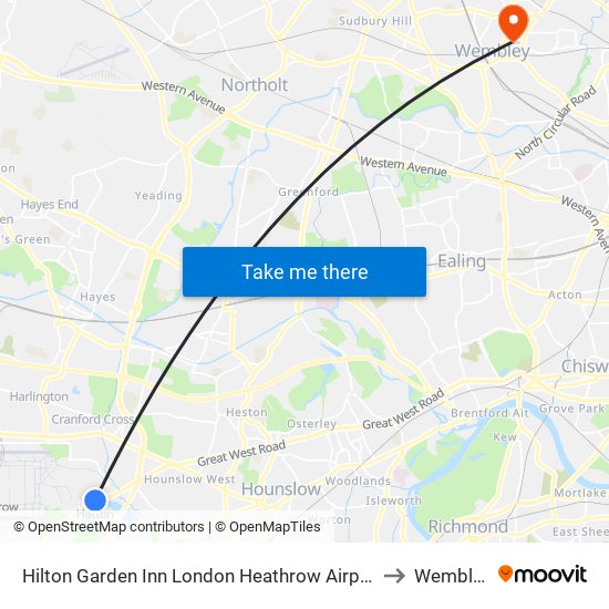 Hilton Garden Inn London Heathrow Airport to Wembley map