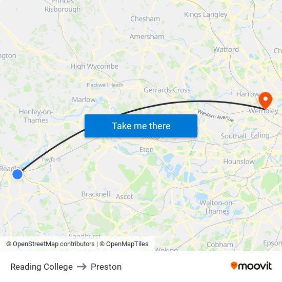 Reading College to Preston map