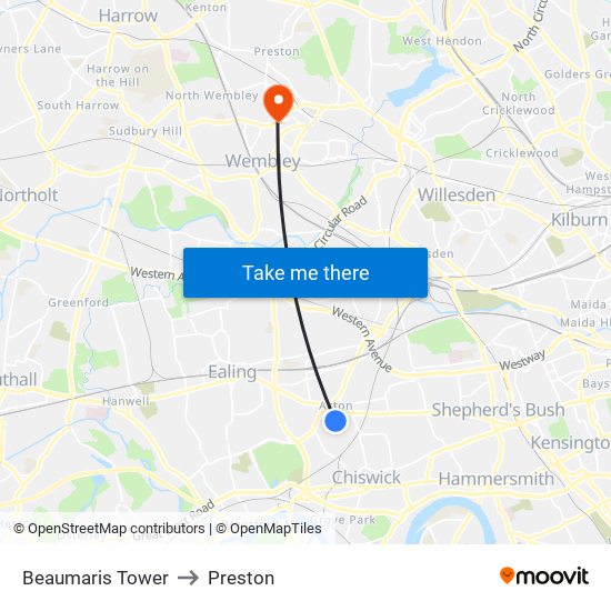 Beaumaris Tower to Preston map