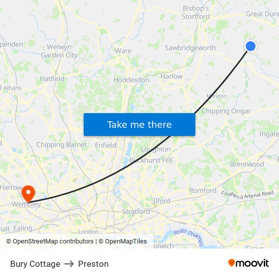 Bury Cottage to Preston map