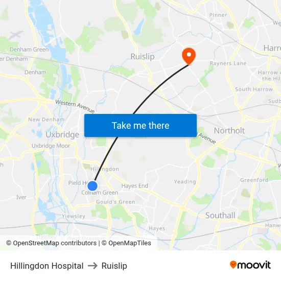 Hillingdon Hospital to Ruislip map