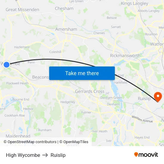 High Wycombe to Ruislip map