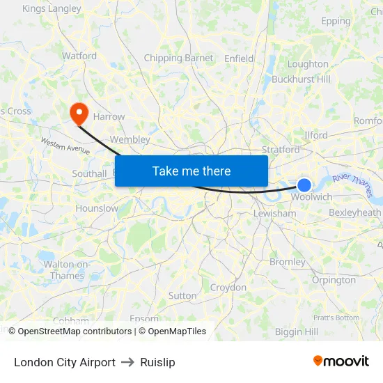 London City Airport to Ruislip map