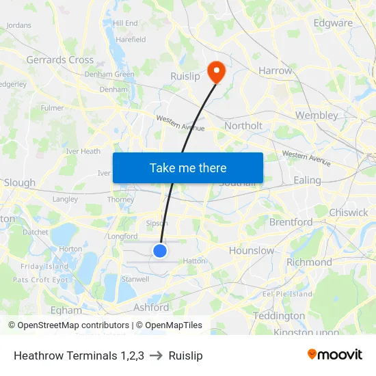 Heathrow Terminals 1,2,3 to Ruislip map