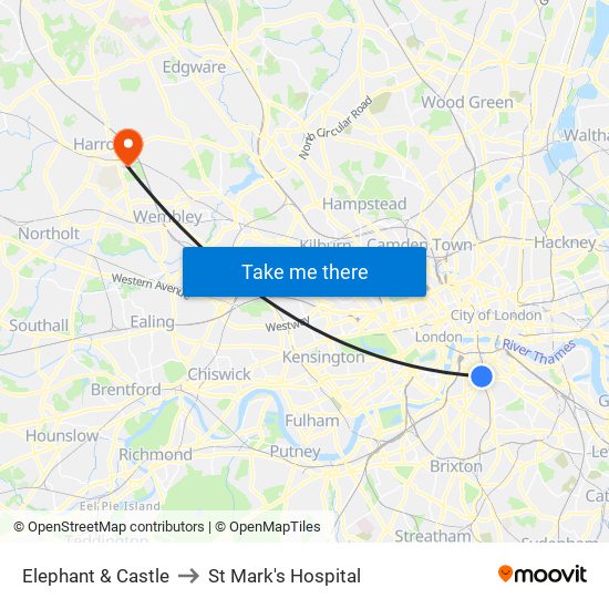 Elephant & Castle to St Mark's Hospital map