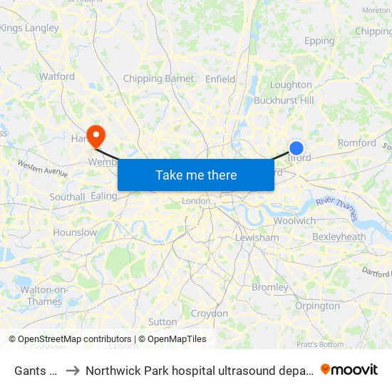 Gants Hill to Northwick Park hospital ultrasound department map