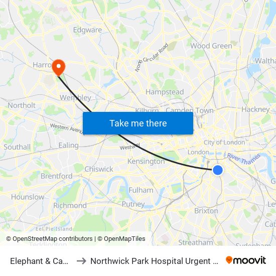 Elephant & Castle to Northwick Park Hospital Urgent Care map