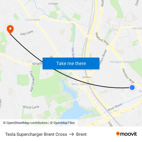 Tesla Supercharger Brent Cross to Brent map
