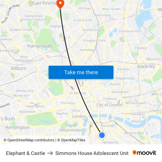 Elephant & Castle to Simmons House Adolescent Unit map