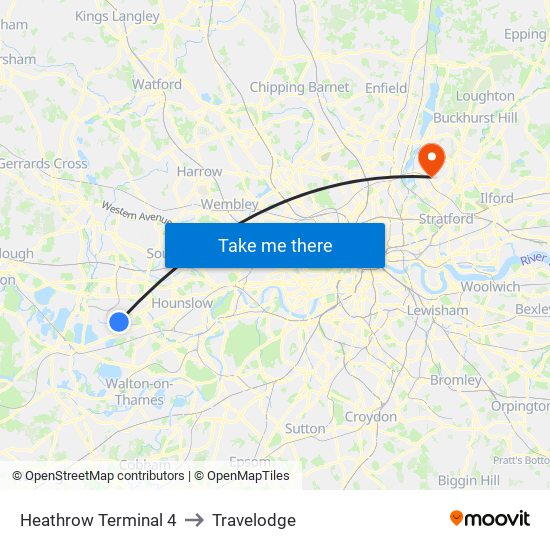 Heathrow Terminal 4 to Travelodge map