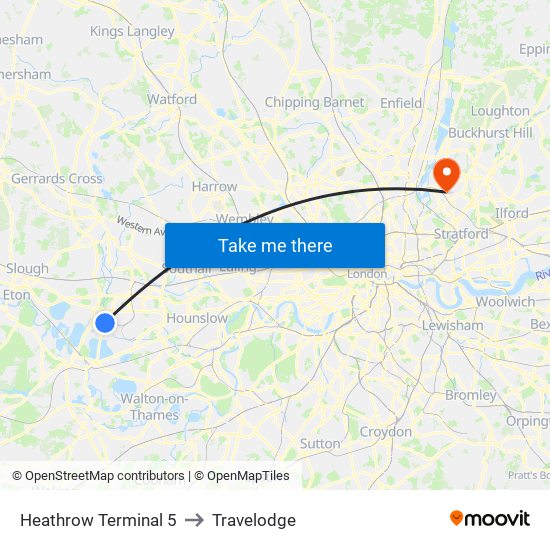 Heathrow Terminal 5 to Travelodge map