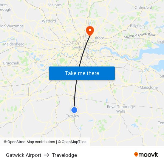 Gatwick Airport to Travelodge map