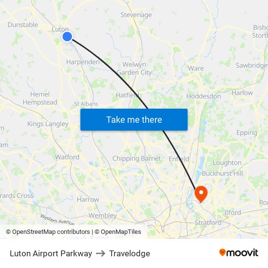 Luton Airport Parkway to Travelodge map