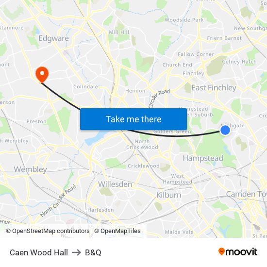 Caen Wood Hall to B&Q map