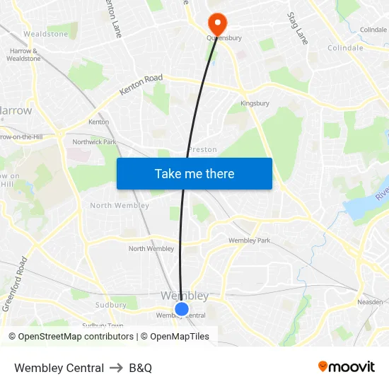 Wembley Central to B&Q map