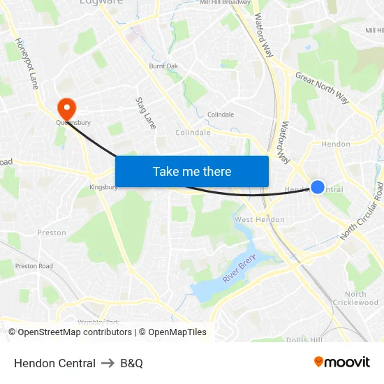 Hendon Central to B&Q map