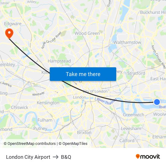 London City Airport to B&Q map