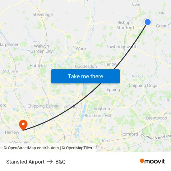 Stansted Airport to B&Q map