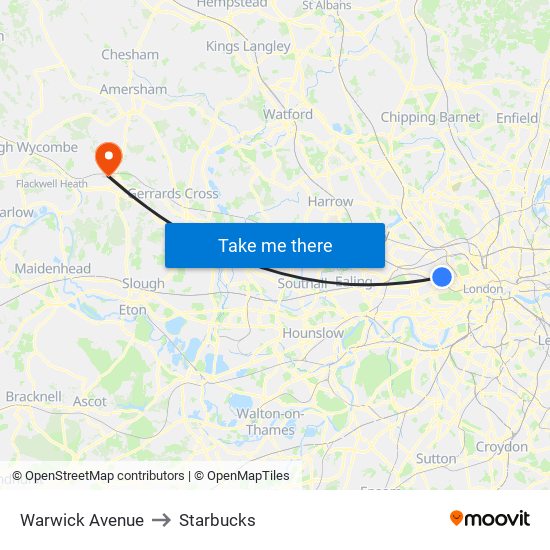 Warwick Avenue to Starbucks map