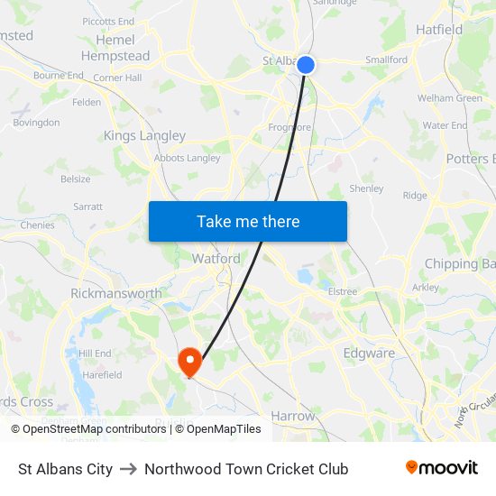 St Albans City to Northwood Town Cricket Club map