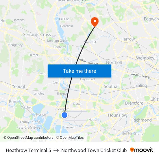 Heathrow Terminal 5 to Northwood Town Cricket Club map