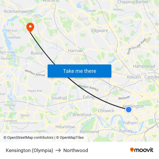 Kensington (Olympia) to Northwood map