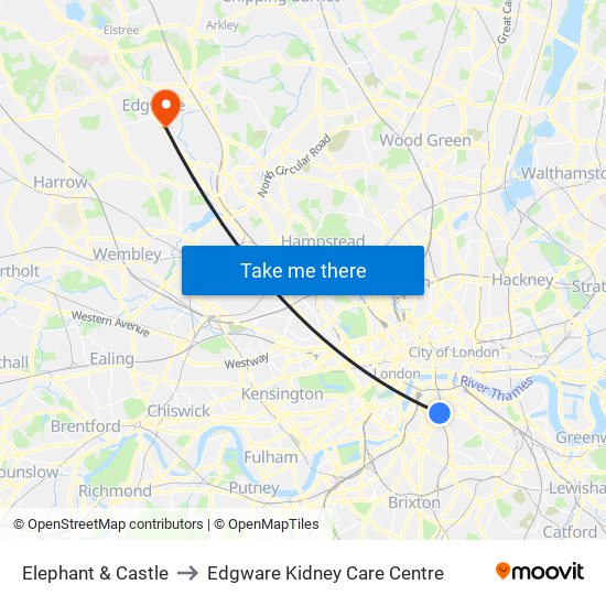 Elephant & Castle to Edgware Kidney Care Centre map