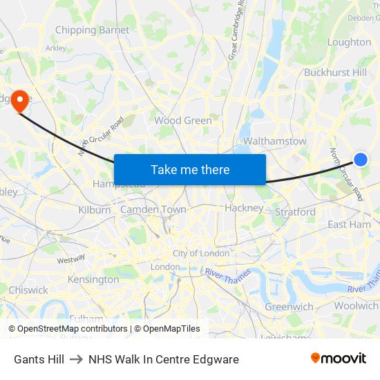 Gants Hill to NHS Walk In Centre Edgware map