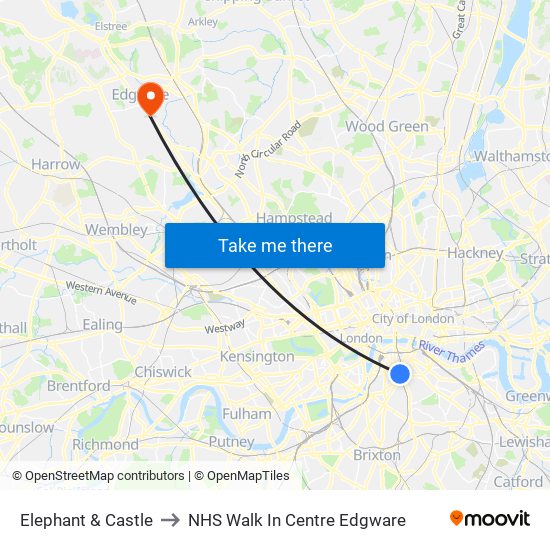 Elephant & Castle to NHS Walk In Centre Edgware map