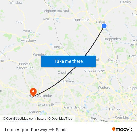 Luton Airport Parkway to Sands map