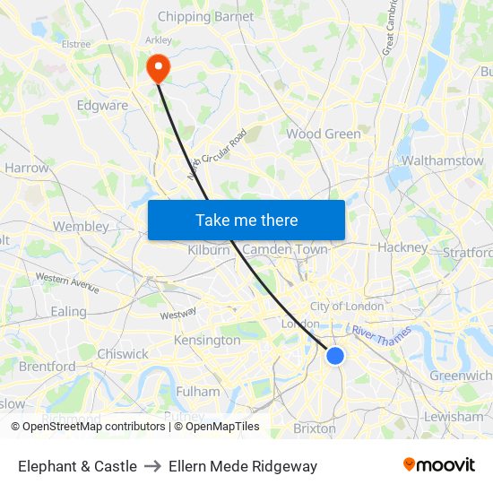 Elephant & Castle to Ellern Mede Ridgeway map