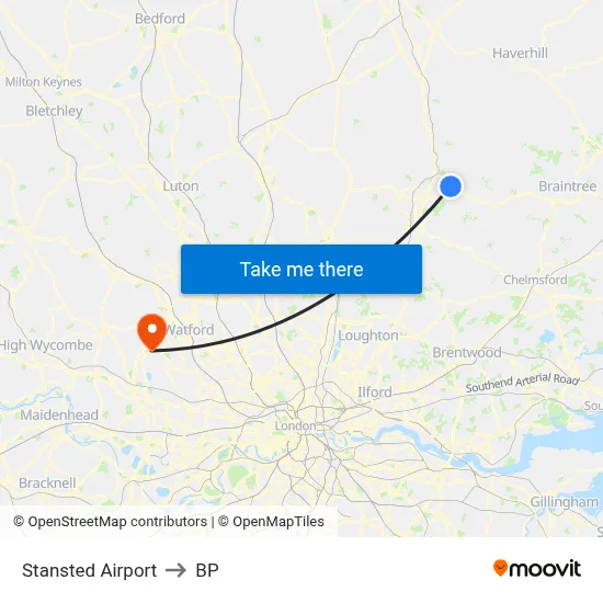Stansted Airport to BP map