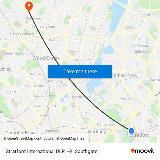 Stratford International DLR to Southgate map