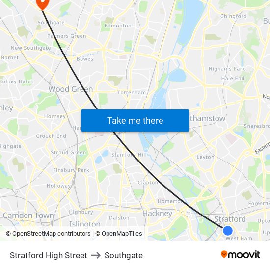Stratford High Street to Southgate map