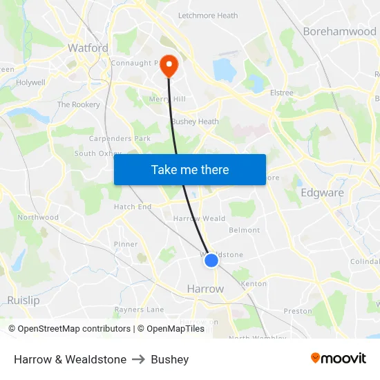 Harrow & Wealdstone to Bushey map