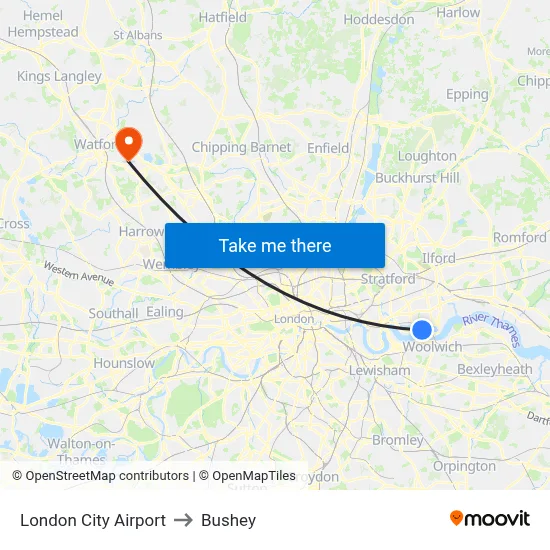London City Airport to Bushey map