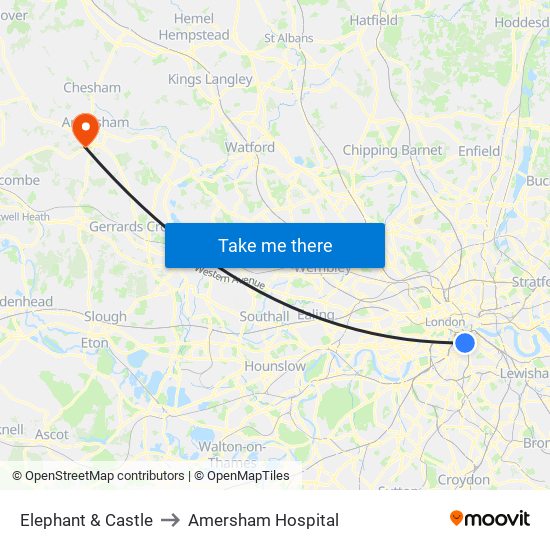 Elephant & Castle to Amersham Hospital map