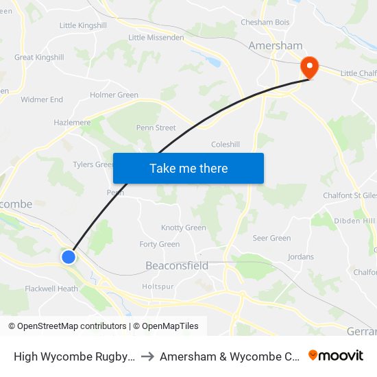 High Wycombe Rugby Club to Amersham & Wycombe College map