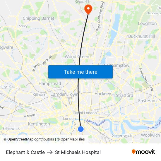 Elephant & Castle to St Michaels Hospital map