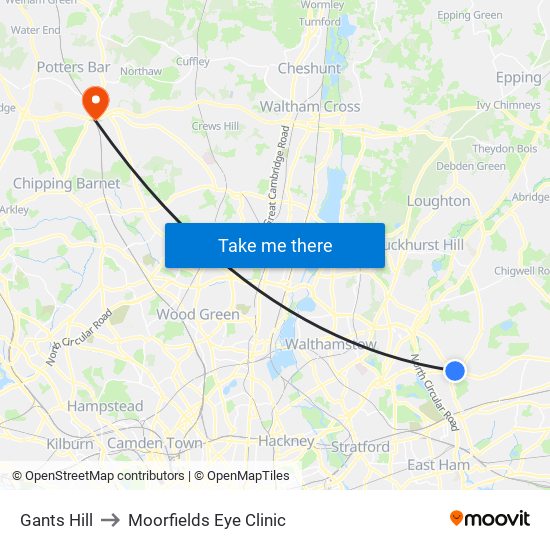 Gants Hill to Moorfields Eye Clinic map