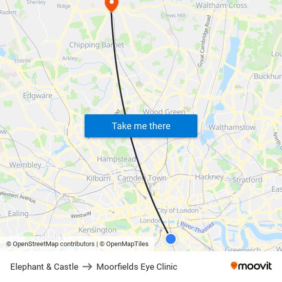 Elephant & Castle to Moorfields Eye Clinic map