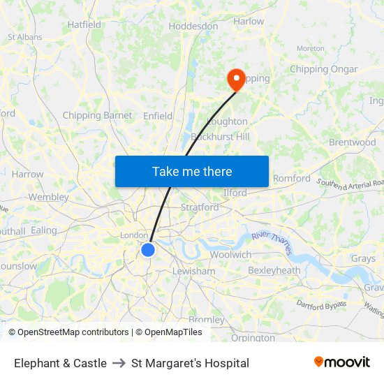 Elephant & Castle to St Margaret's Hospital map